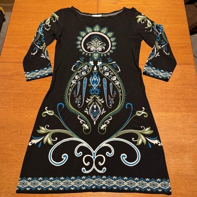 London Times Geometric Floral 3/4 Sleeve Sheath Dress Women's Sz. 4 Mature Boho