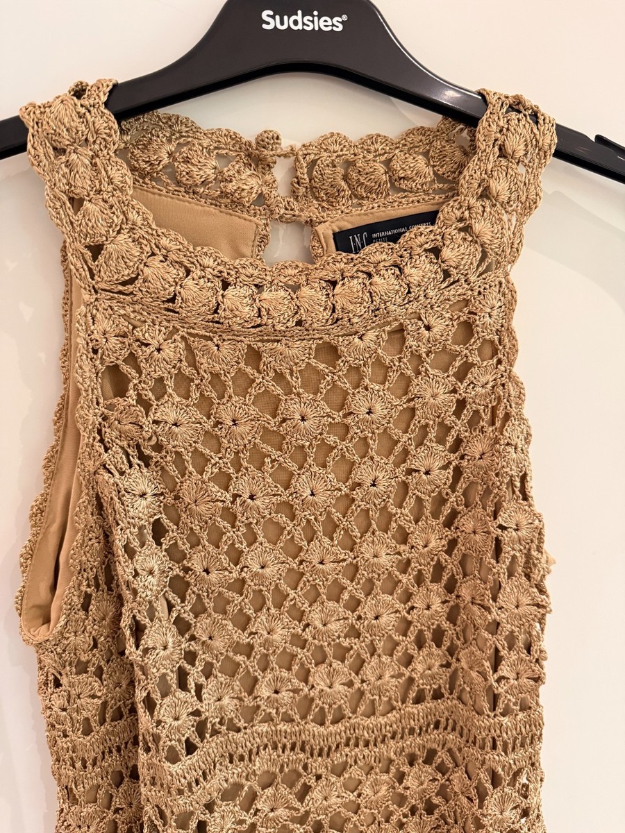 I.N.C International Concepts Petite Gold Crochet Womens Dress Sz Petite L Large View 2