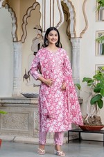 New Bollywood Women Cotton off white Color Print Kurta with Trousers Dupatta