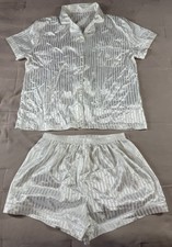 Unbranded White Womens Size L Silky Satin Striped Button Up Lounge Pajama Set