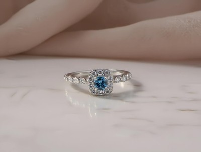 Zierlicher Aquamarin CZ Halo Ring: 925 Sterling Silber Versprechen Ring