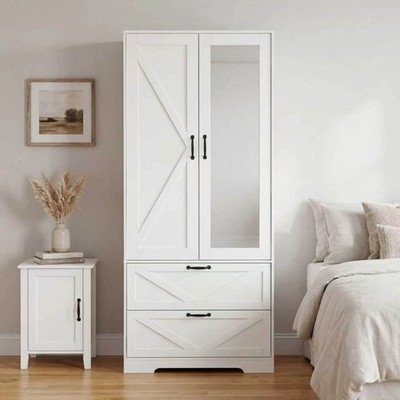 2 Doors Freestanding Wardrobe Mirror Armoire Closet Storage Cabinet, 2 Drawers