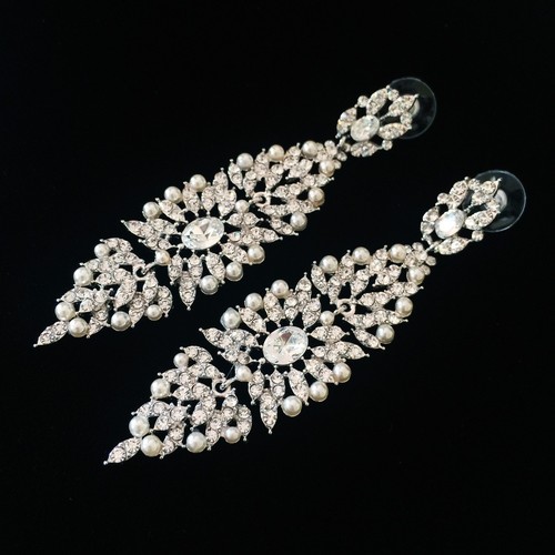 EARRING made with Swarovski Crystal Dangle Drop Wedding Bridal Silver Pearl SW30 - Picture 3 of 7