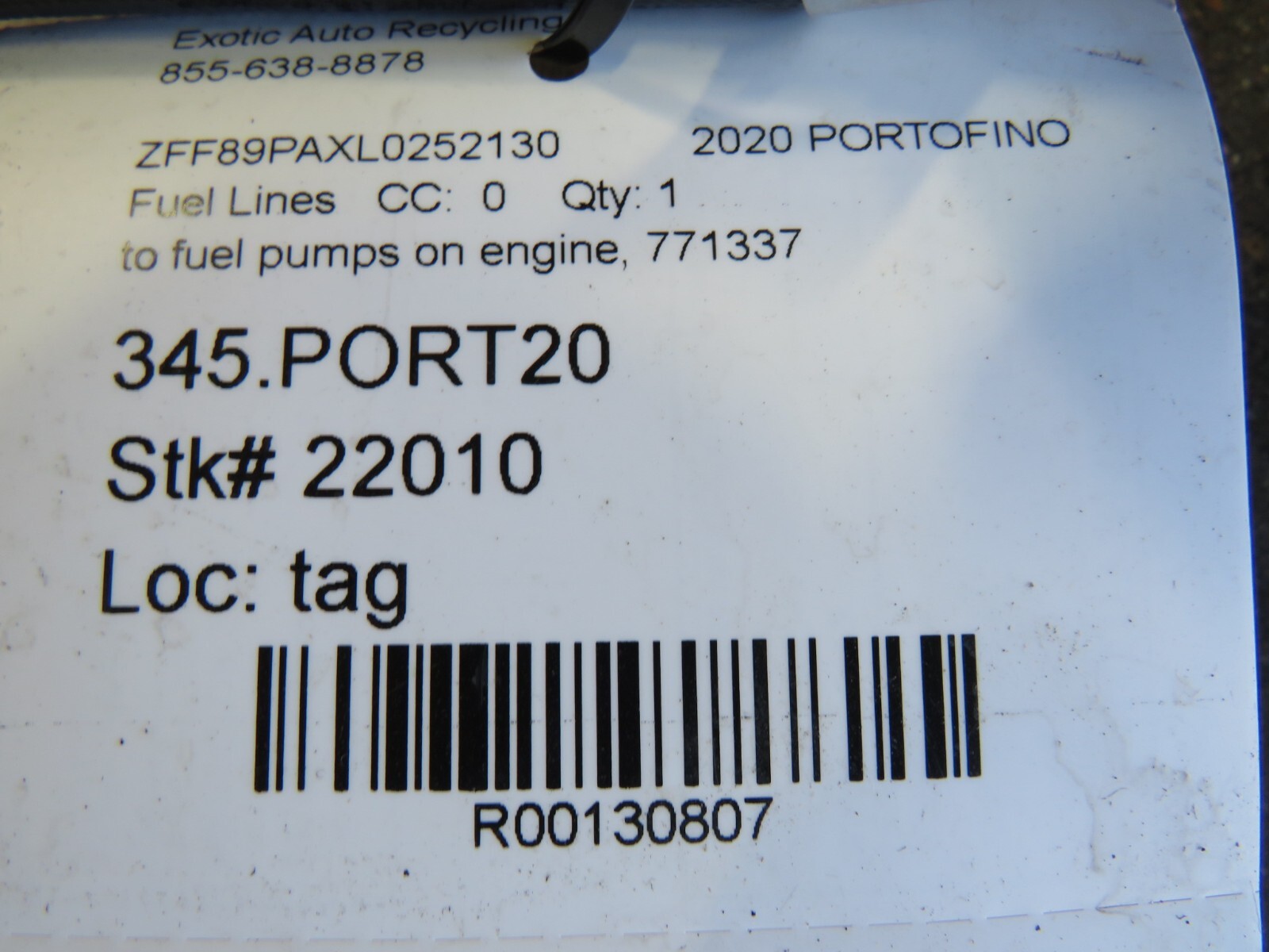 Ferrari Portofino, Fuel Line to Fuel Pumps on Engine, Used, P/N 771337