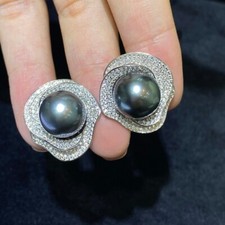 Gorgeous AAAA 10-11mm south sea Round Black pearl earring  925s