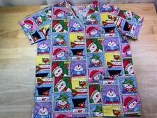 Women's Cherokee Scrub Top Sz S has Different Snowmen Theme says Ready,Set Snow 