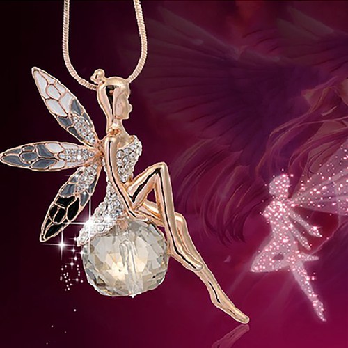Fashion Women Crystal Gold Plated Fairy Angel Wing Pendant Long Chain Necklace