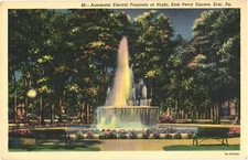 Erie Penna Automatic Electric Fountain at Night East Perry Square Postcard