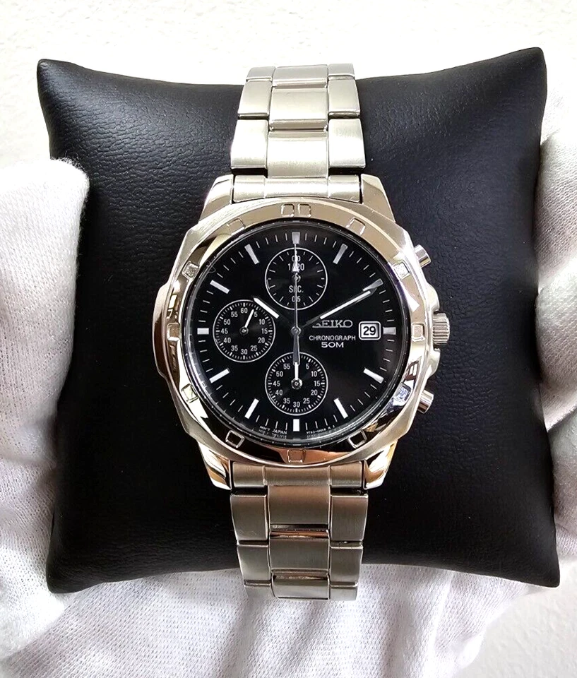 SEIKO Chronograph Quartz 39MM Black Dial Steel Men's Watch SNDB35