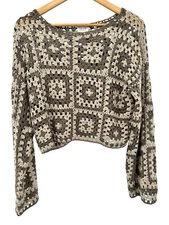 Le Lis Long Sleeve Crochet Top Cottagecore Grannycore Open Knit Brown Medium