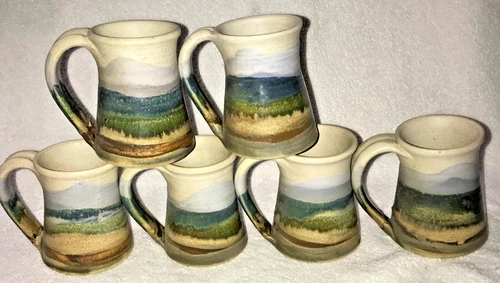 6 Studio Art Pottery Green & Blue Earth Tones Glazed Handcrafted Coffee Cups Mug