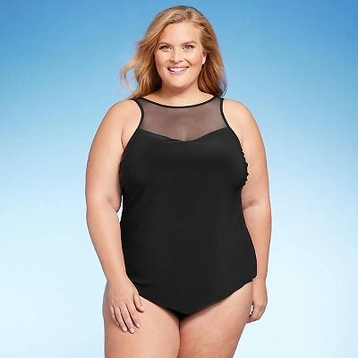 Women s UPF 50 High Neck Mesh Tankini Top Aqua Green Black 1X