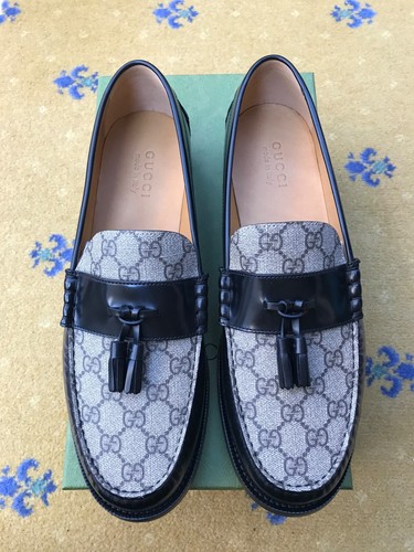 Gucci mocassini nappa scarpe Mongram tela pelle nera uomo UK 13 US 14 47 nuovi - Foto 2 di 15