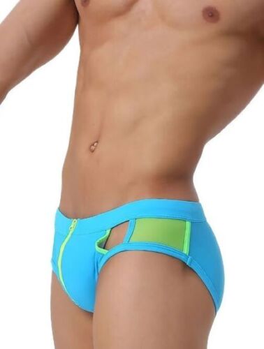 New Men's Sexy Blue Zipper w/Side Mesh & Cut-Outs Low Rise Style Swim Bikini-Gay