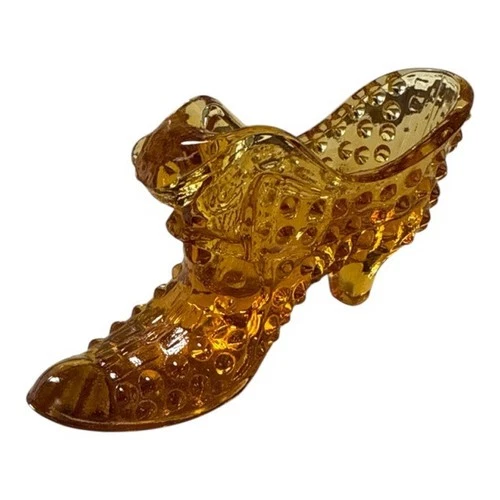 vintage fenton glass hobnail amber glass shoe with cat head art glass slipper