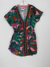 FARM Rio Anthropologie Tropical Floral Print V Neck Fit Flare Dress Sz L