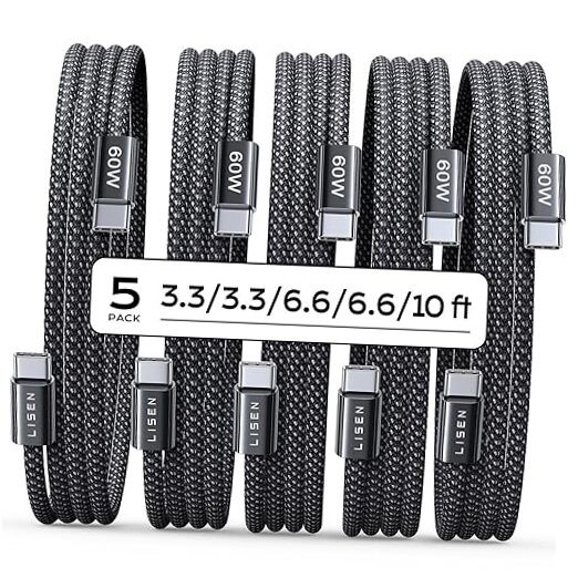 5-Pack USB C to USB C Cable for iPhone 16 - 3.3/6.6/10FT Fast Charging-image