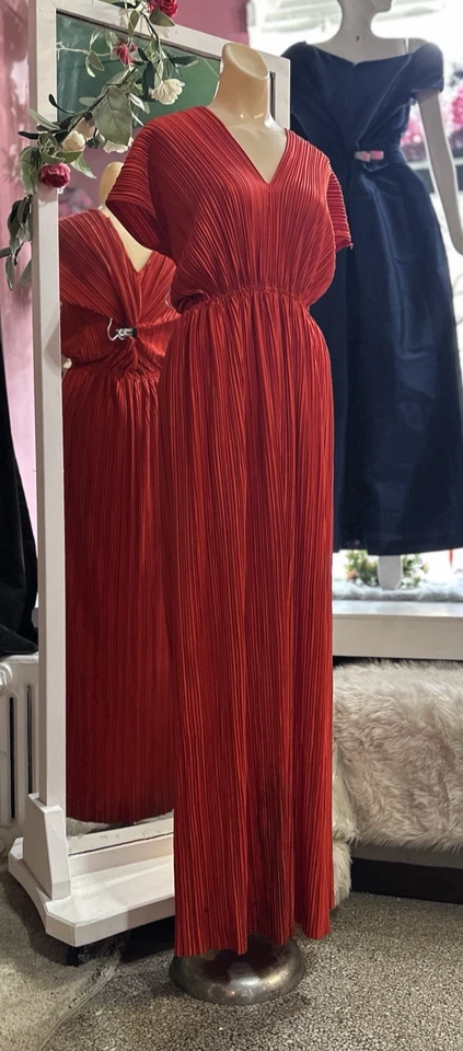 Maxi Vestido Plisado Vintage Años 70 80 Rojo Blusa Disco Glamour Noche Fiesta S/M/L Foto 4 de 4