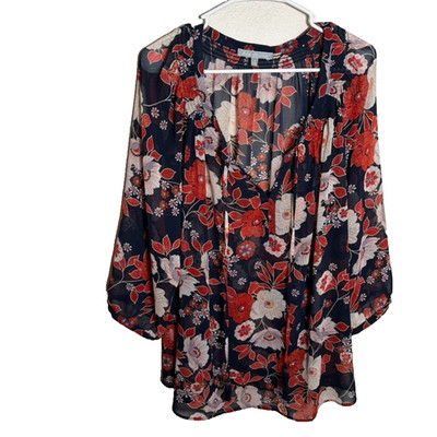 Daniel Rainn Blouse Women's 3X V-Neck Sheer 3/4 Sleeve Tie Casual Top