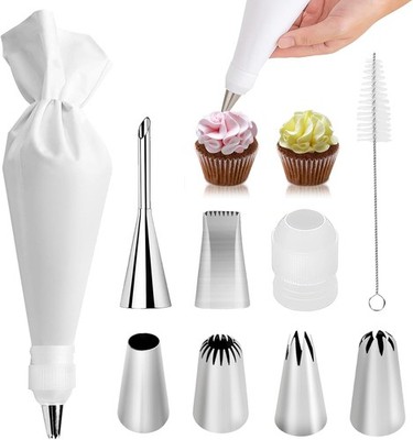 9-Piece Reusable Piping Bag Set 16'' w/ Stainless Steel Tips & Coupler