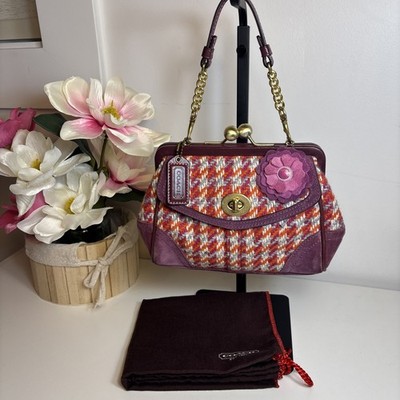 COACH LTD VTG PINK WOOL HOUNDSTOOTH SUEDE KISSLOCK GALLERY FRAMED BAG RARE!
