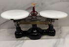 Cast Iron Balance Scale With Milk Glass Round Pans Apothecary Laboratory Scale — photo 2