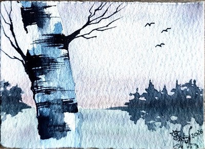 ACEO ATC Original 2.5'' x 3.5''. Birch Tree 3/5Signed Ink & Watercolour Painting