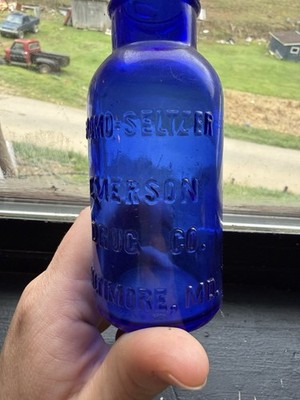Bromo-Seltzer Emerson Drug Co. Baltimore MD Embossed Blue Glass Medicine Bottle
