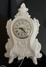 Vintage 1940's Lanshire Off White Ceramic Electric Mantle Desk Clock 11” Tall