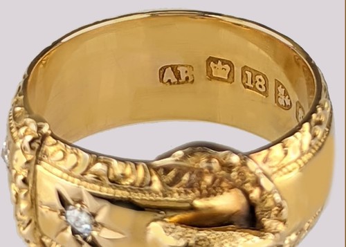 Antiguo anillo de oro de 18 quilates con hebilla de diamantes eduardiano 1903 Chester con sello Reino Unido - Imagen 7 de 11