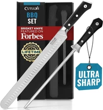 Cutluxe BBQ Knife Carving Set – 12" Brisket Knife & 10" Honing Rod, Butcher Kni