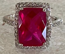Sterling Silver 925 Ruby Halo Square Ring Faceted Lab Created Size 9