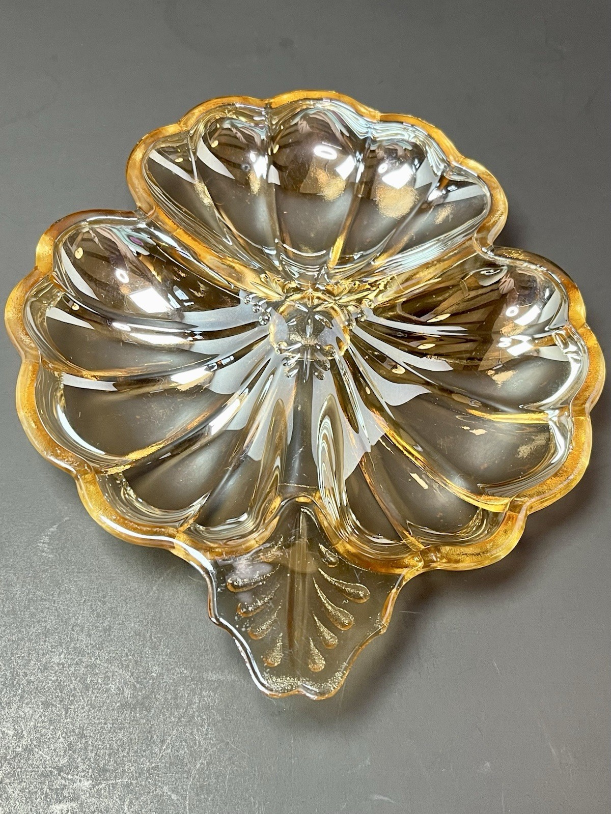Carnival Glass Marigold Clover Leaf Candy Nut Relish Dish Iridescent Divided