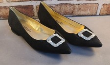 Kate Spade New York Black Suede Ballet Flats Pearl Crystal Buckle Pointed Toe 9B