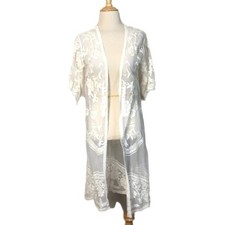 EMBER Women's Small Off White Ivory Lace Open Front Kimono Duster Coverup