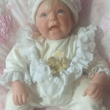 Baby Doll Blonde Hair Blue Eyes White Lace Outfit Hat Girl Caucasian