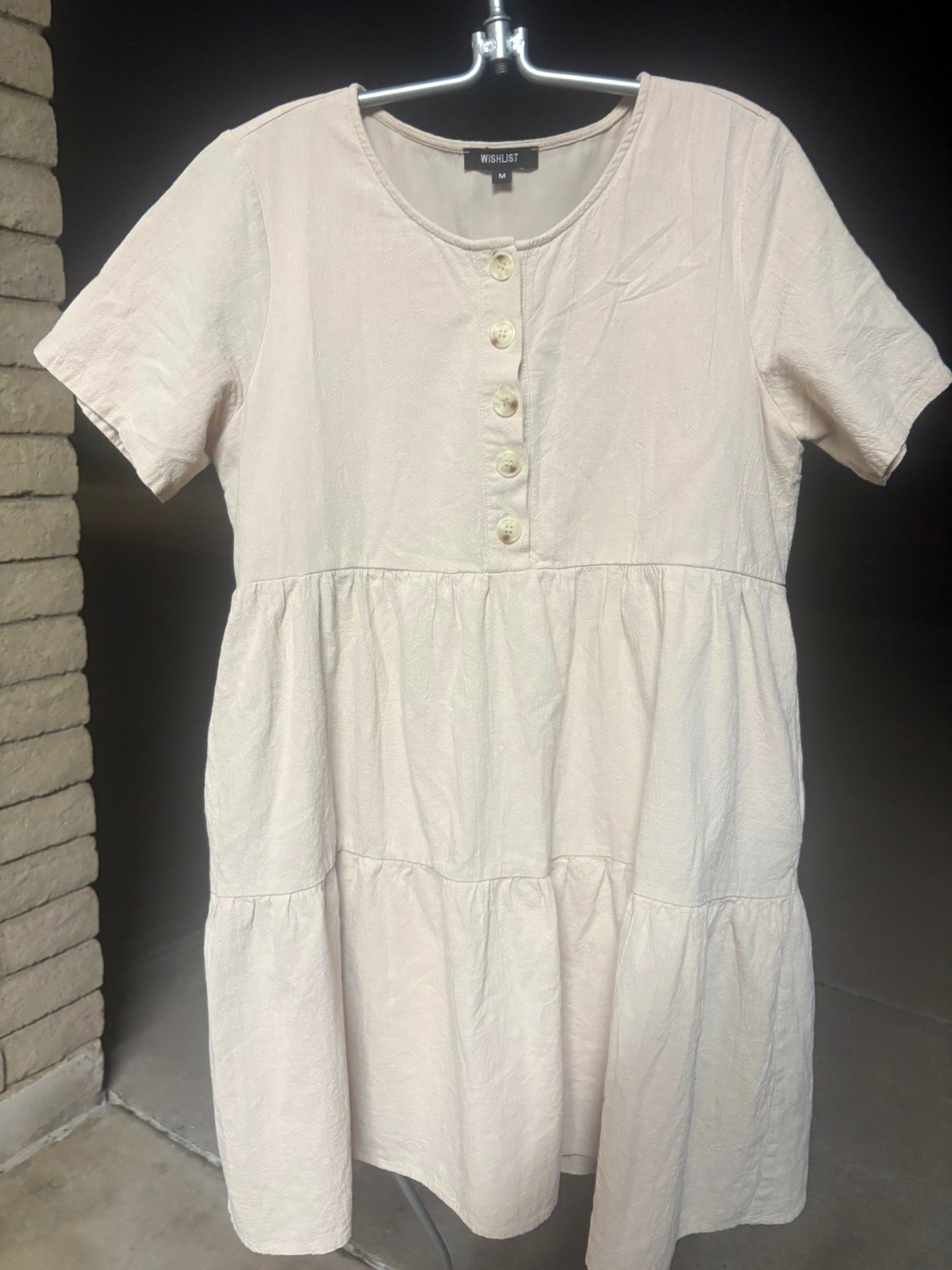 Wishlist Tiered Babydoll Dress Beige Solid Short Sleeve Button Front Size M