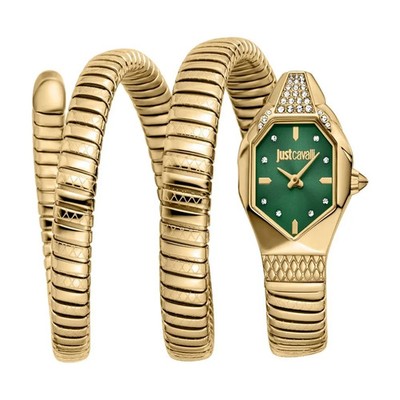£359 JUST CAVALLI Doppio Glam Gold Tone Diamante Green Dial Snake Quartz Watch
