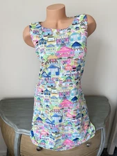 Lulu B Sleeveless dress Tropical Coastal Colorful Coral Hut Palm Tree Flamingo S