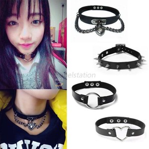 Punk-Lady-Gothic-Leather-Choker-Heart-Chain-Spike-Rivet-Buckle-Collar-Necklace