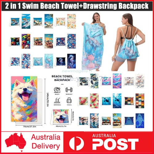 2 in 1 Swim Beach Towel+Drawstring Backpack,Storage Bag Bath Towel Turt