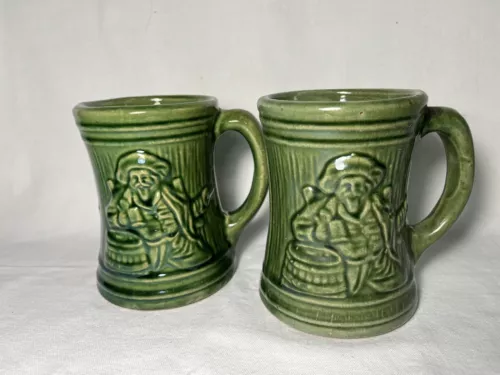 Set of 2 Vintage McCoy Pottery Pirate Buccaneer Sailor #6 Green Stoneware Mugs