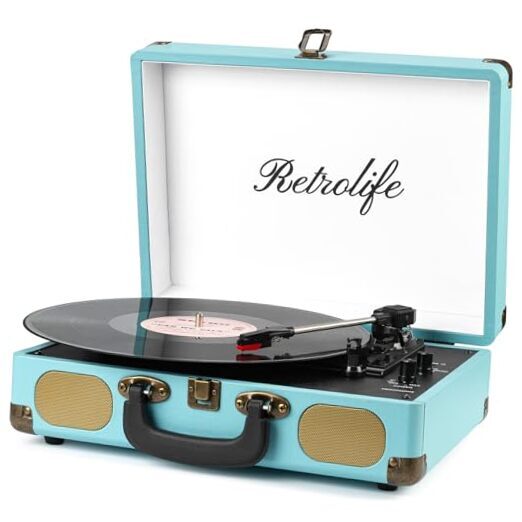 Record Player with Speakers 3-Speedtooth Suitcase Portable Vinyl Record Blue