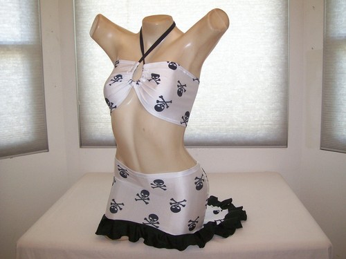 New Stripper Exotic Dancer Skull & Crossbones Peek-a-Boo Skirt Set S/M - Picture 3 of 9