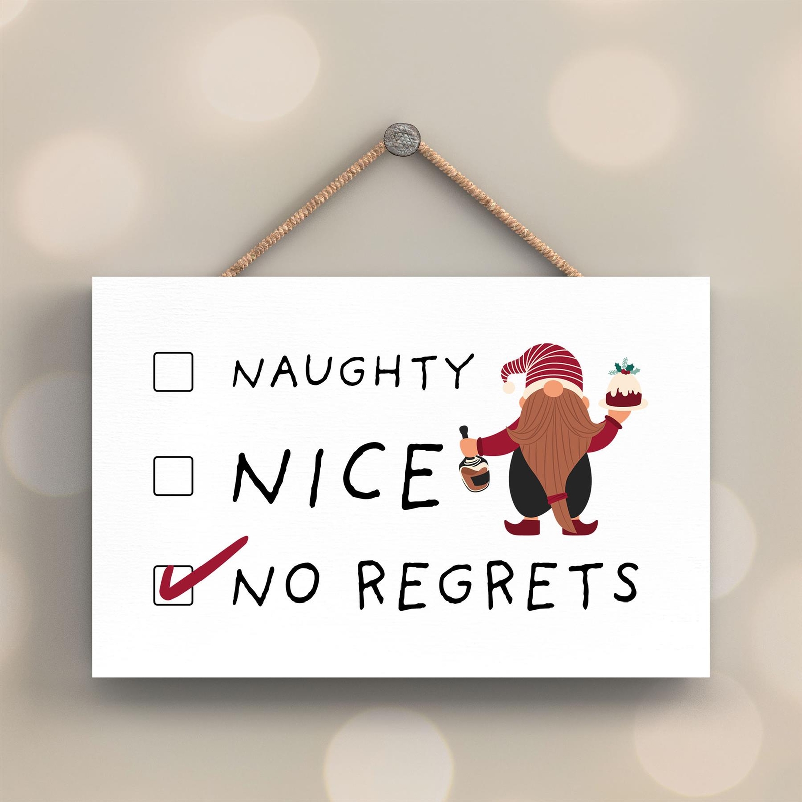 Naughty Nice No Regrets Gonk Festive Wooden Plaque Christmas Decor