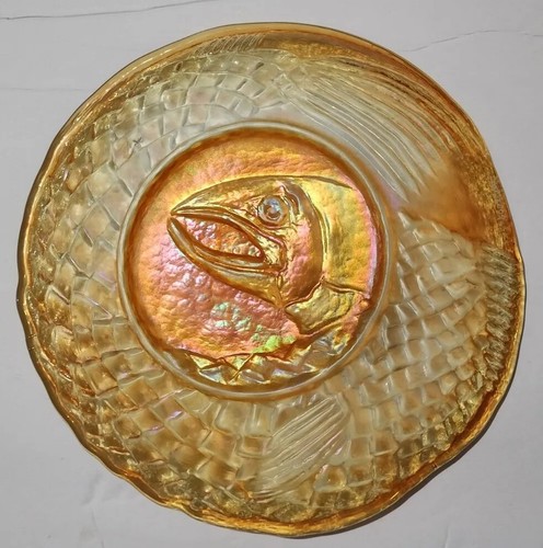 Rare JOHN COOK koi fish Plate IRIDESCENT ART Carnival 8" GLASS Gold Signed 2009 - Picture 2 of 11