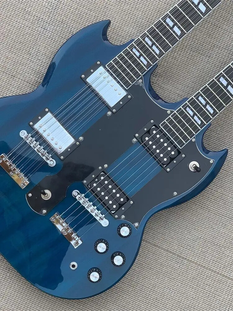 Blue 12 & 6 Strings Slash Double Neck Electric Guitar Split