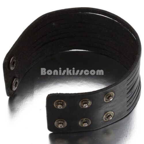 Mens Punk Rock Wide Black Leather Multi Layer Cuff Wristband Bracelet Adjustable - Picture 3 of 6