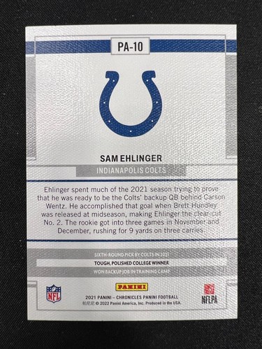 2021 Panini Chronicles Sam Ehlinger Base Rookie Card #PA-10 Colts RC - Picture 6 of 6