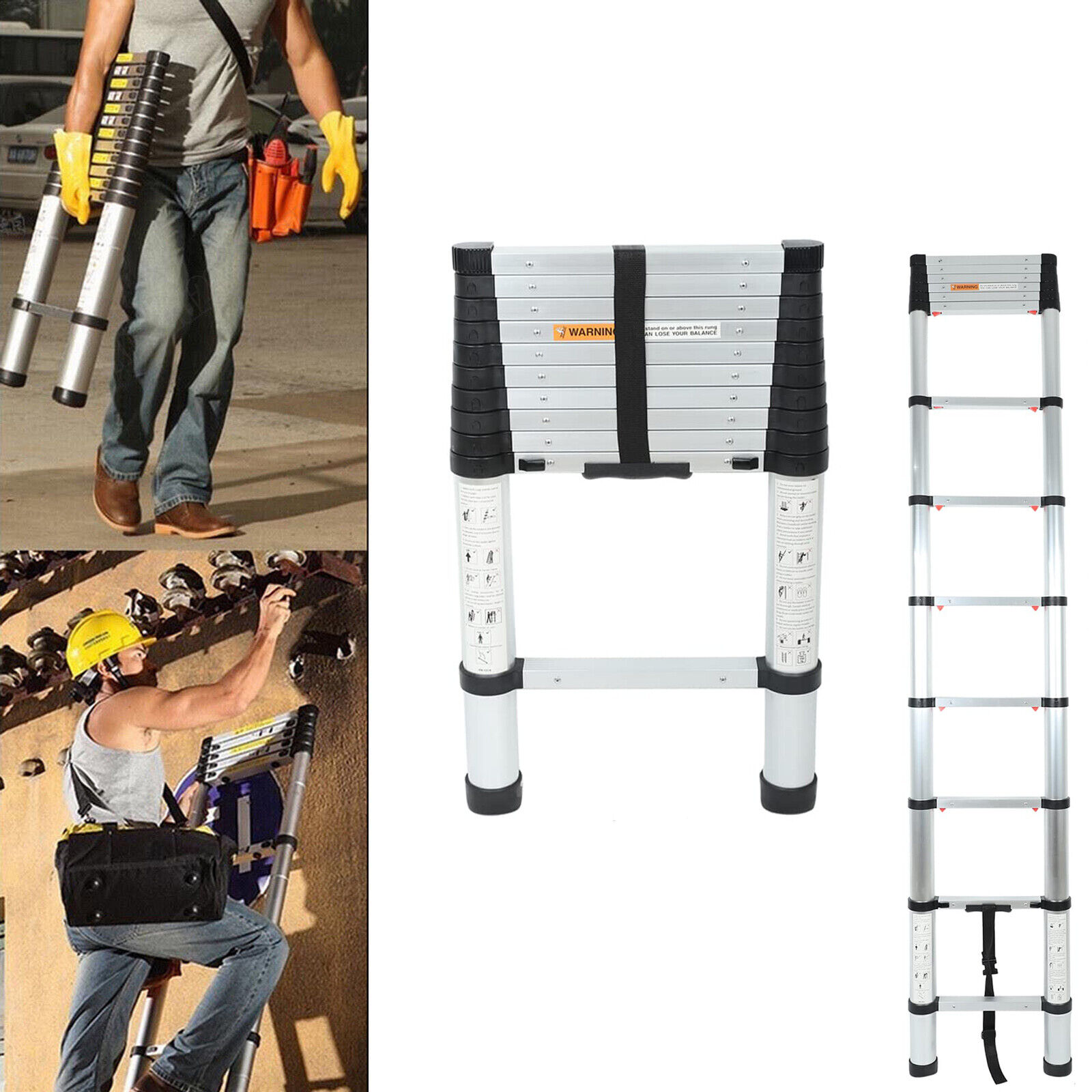 12.5ft 3.8M Aluminum Telescopic Ladder Heavy Duty Folding Extension Step